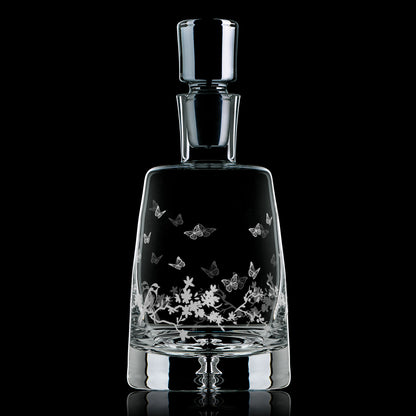 Front view of Le Jardin handmade etched glass decanter with butterfly and floral design