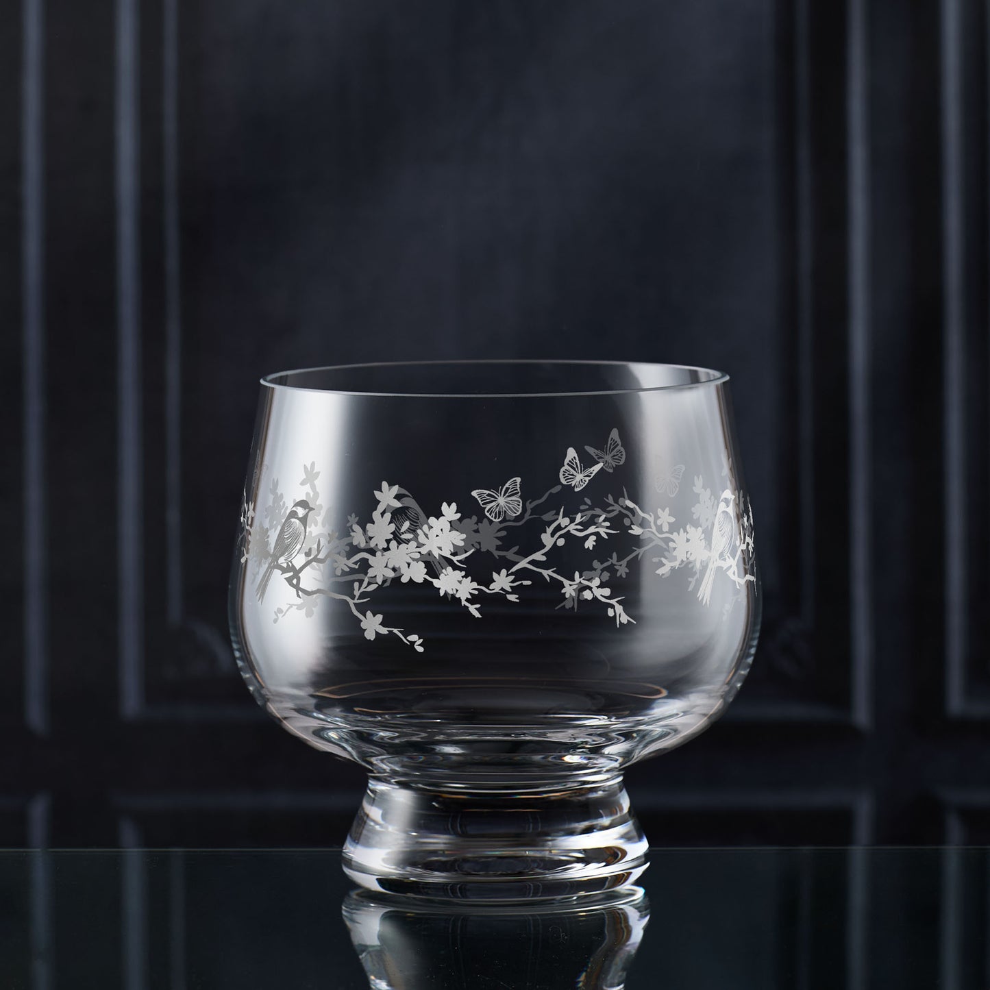 Le Jardin botanical presentation bowl in clear glass — butterflies and florals, satin sandblasted