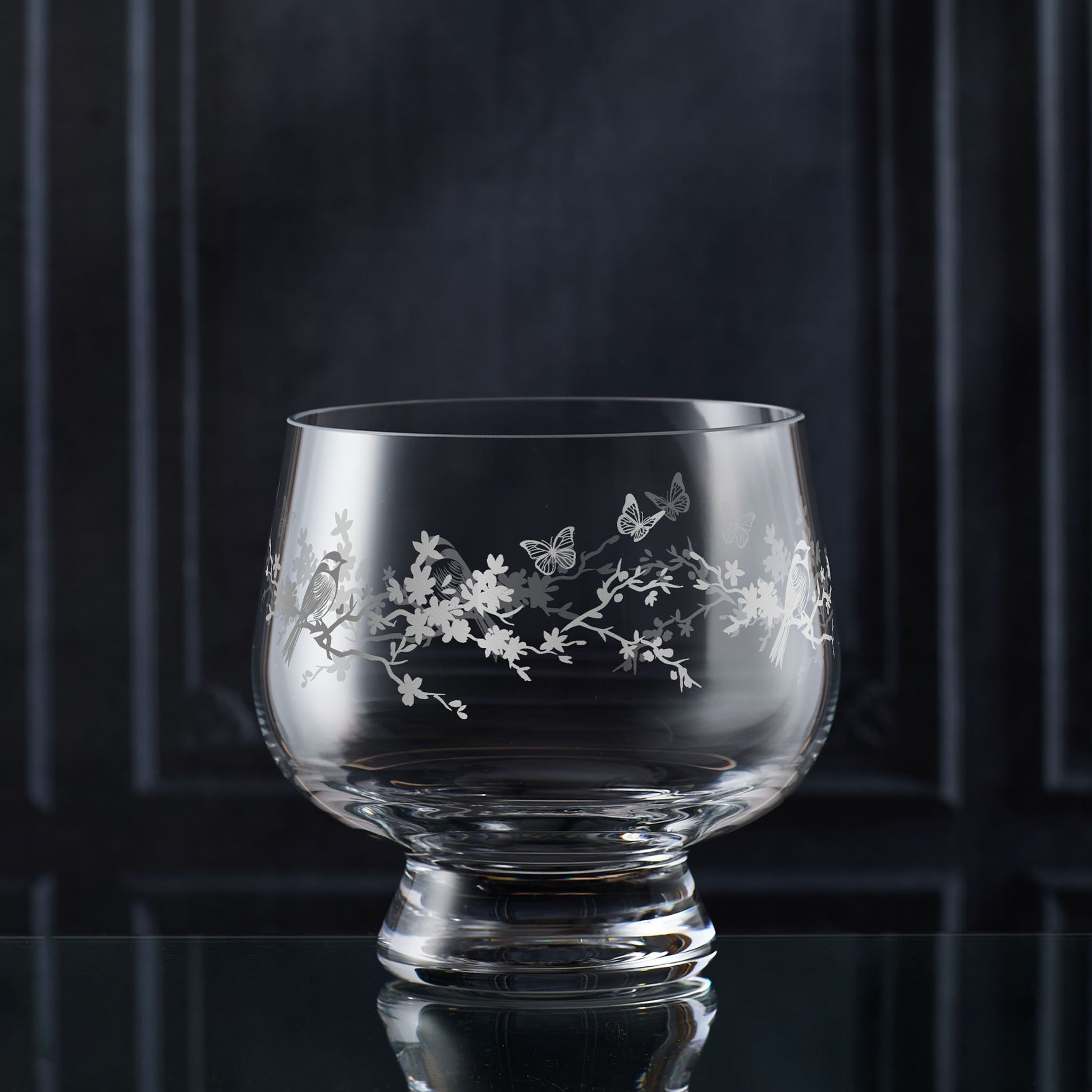 Le Jardin botanical presentation bowl in clear glass — butterflies and florals, satin sandblasted