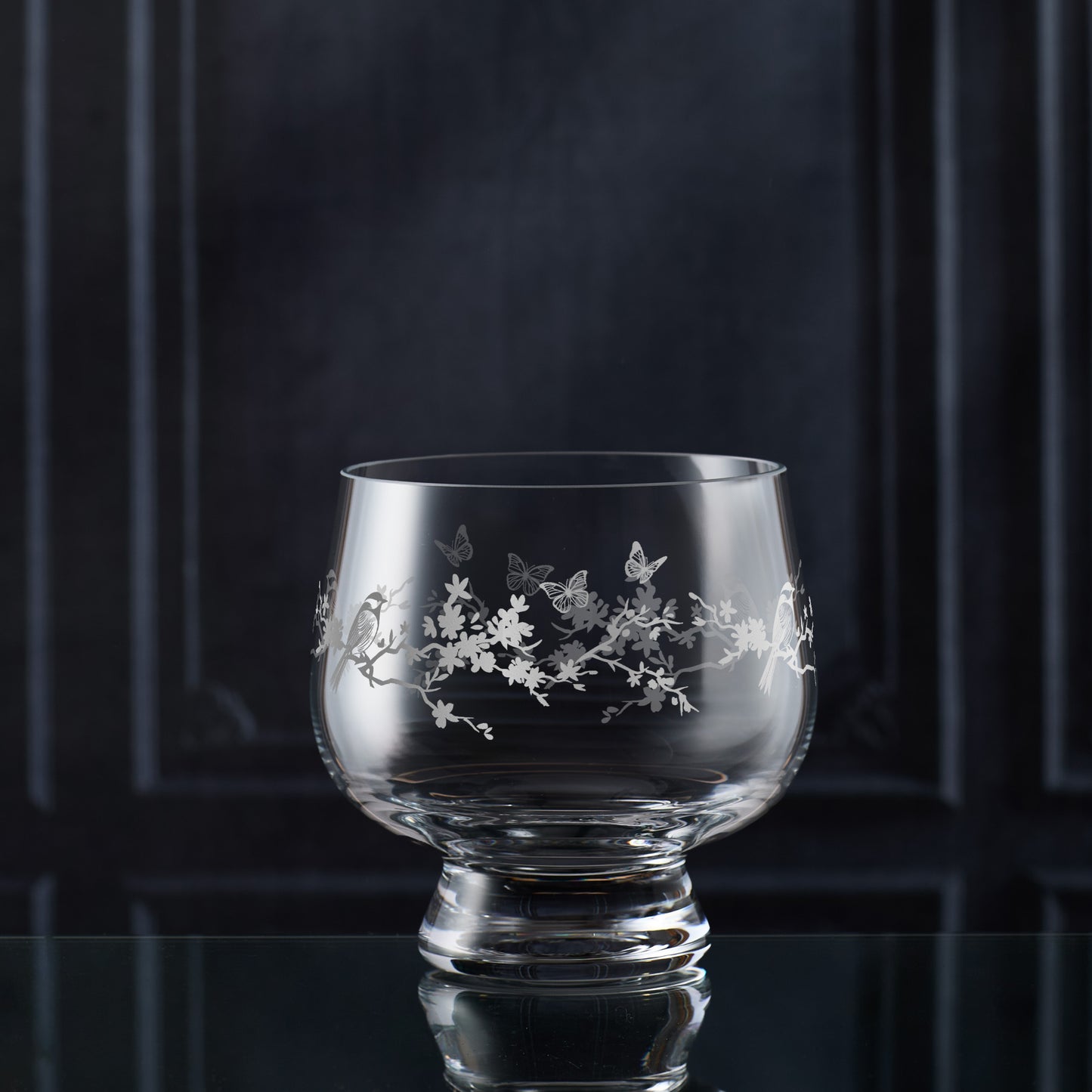 Hand-engraved Le Jardin shallow bowl — heavy-base centrepiece with floral & butterfly motif