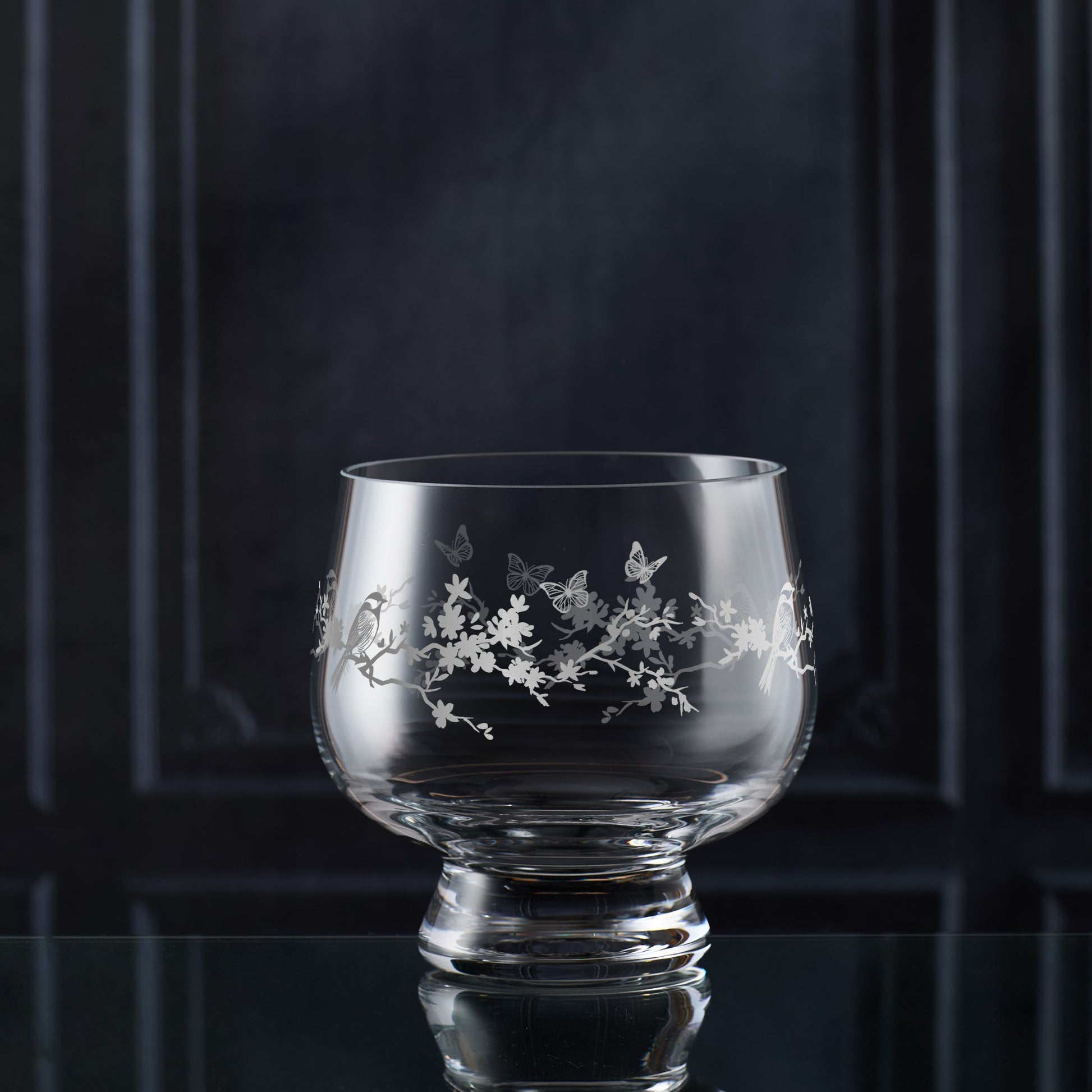 Hand-engraved Le Jardin shallow bowl — heavy-base centrepiece with floral & butterfly motif