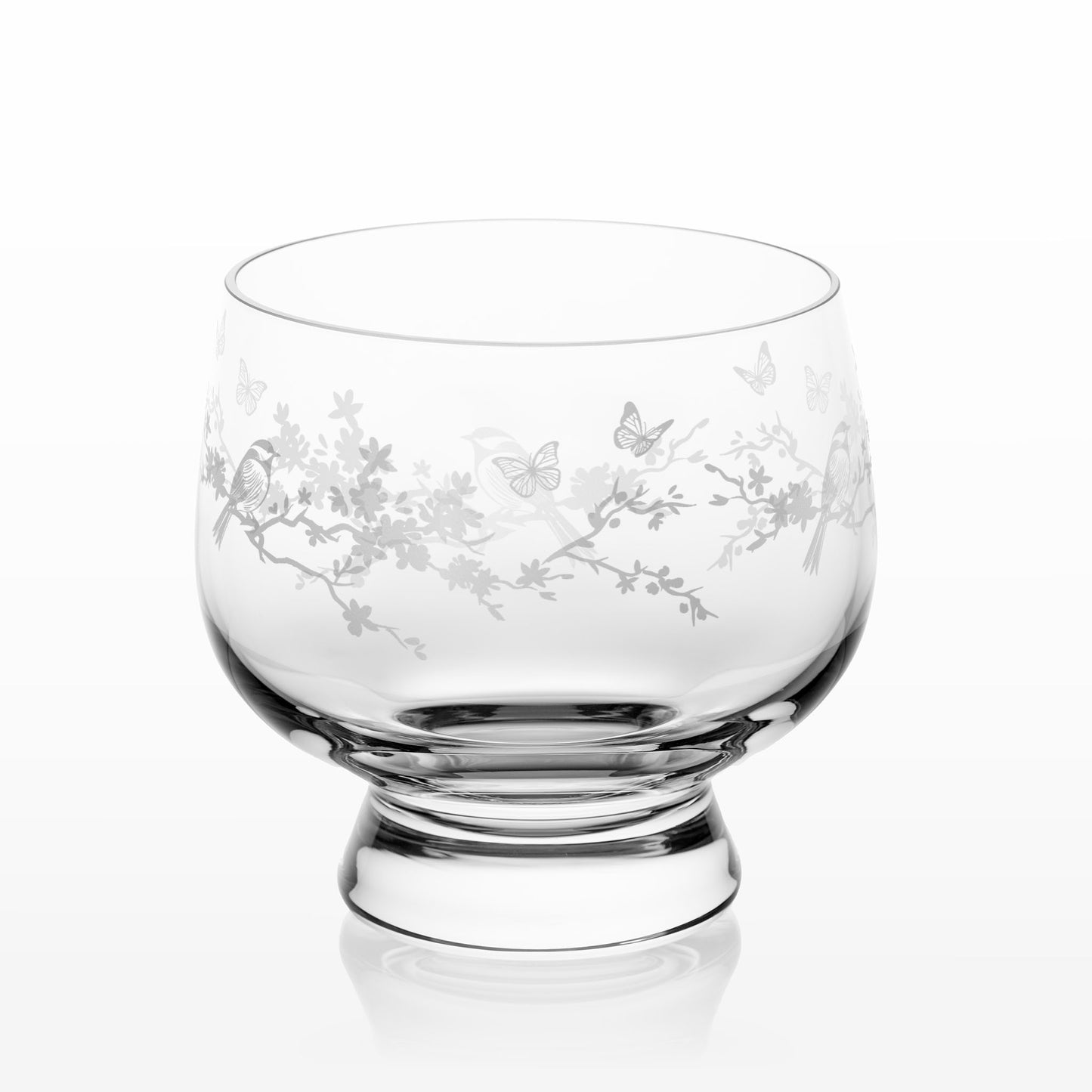 Front view of Le Jardin etched glass tulip bowl with butterfly and floral design