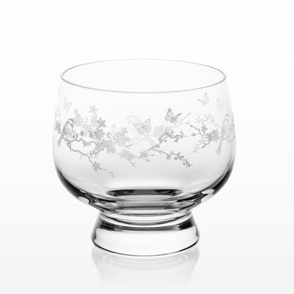 Front view of Le Jardin etched glass tulip bowl with butterfly and floral design