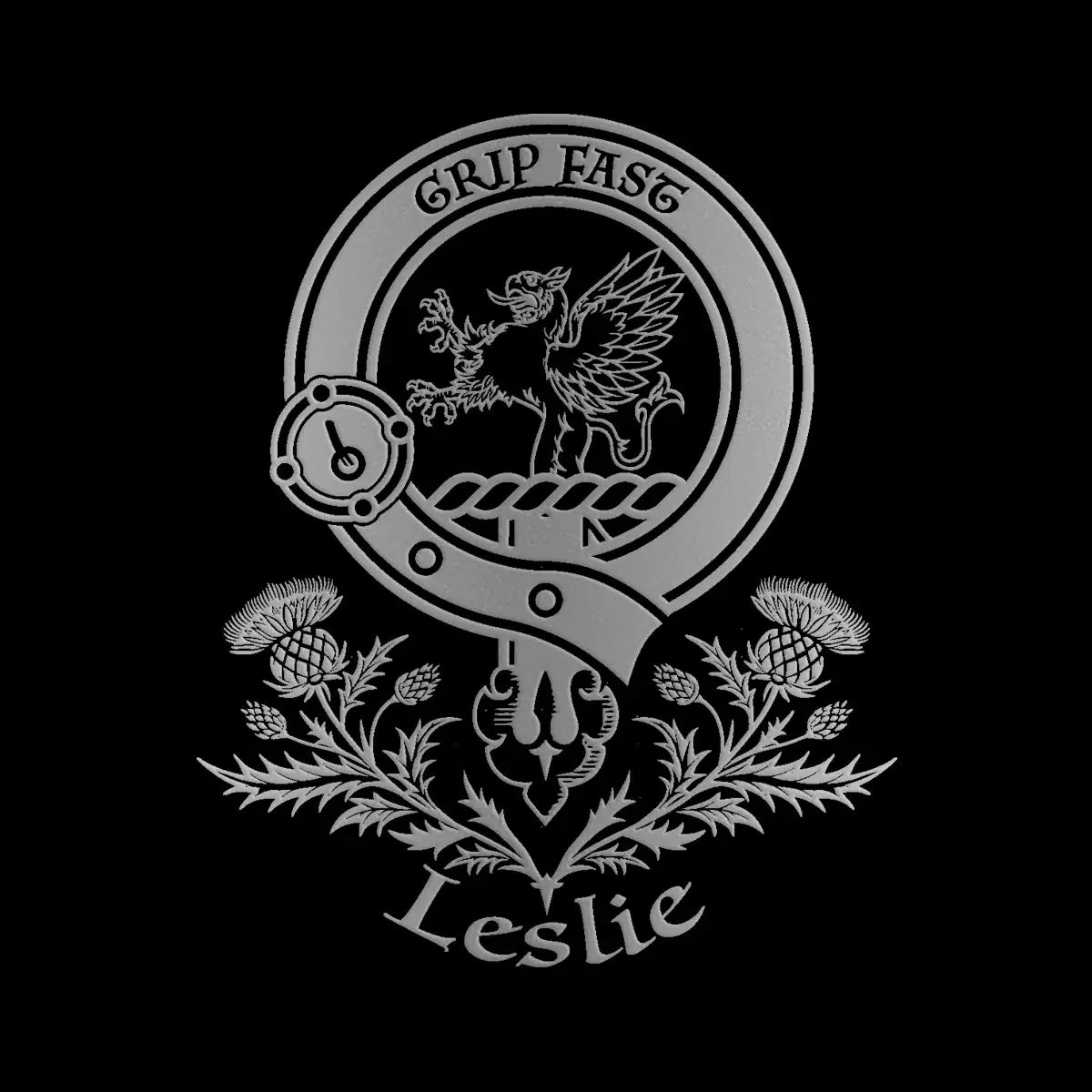 Engraved Leslie clan crest design — digital mock-up for reference; artwork engraved by Just The Ticket in our Fife studio