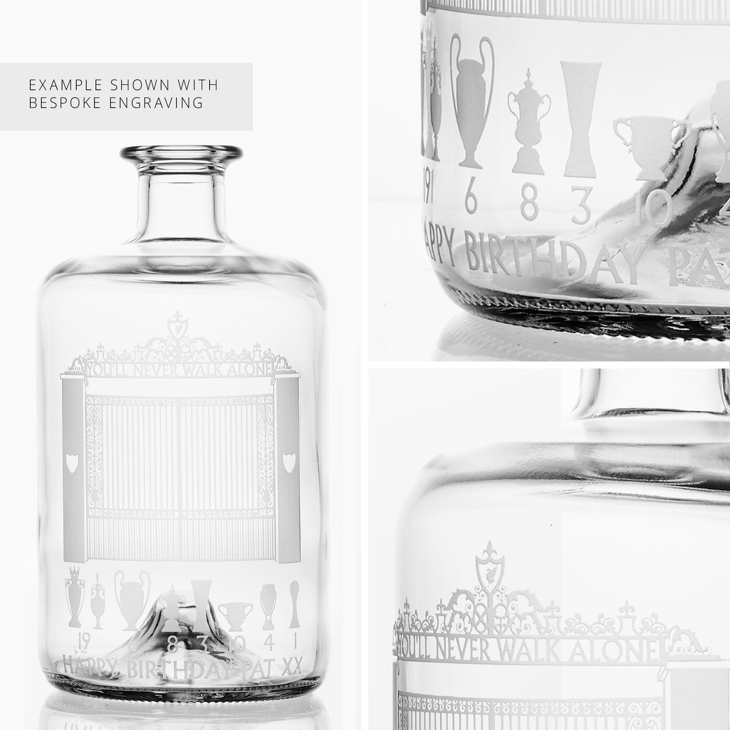 Engraved whisky decanter featuring a personalised message below the Shankly Gates design. YNWA text shown for demonstration only.