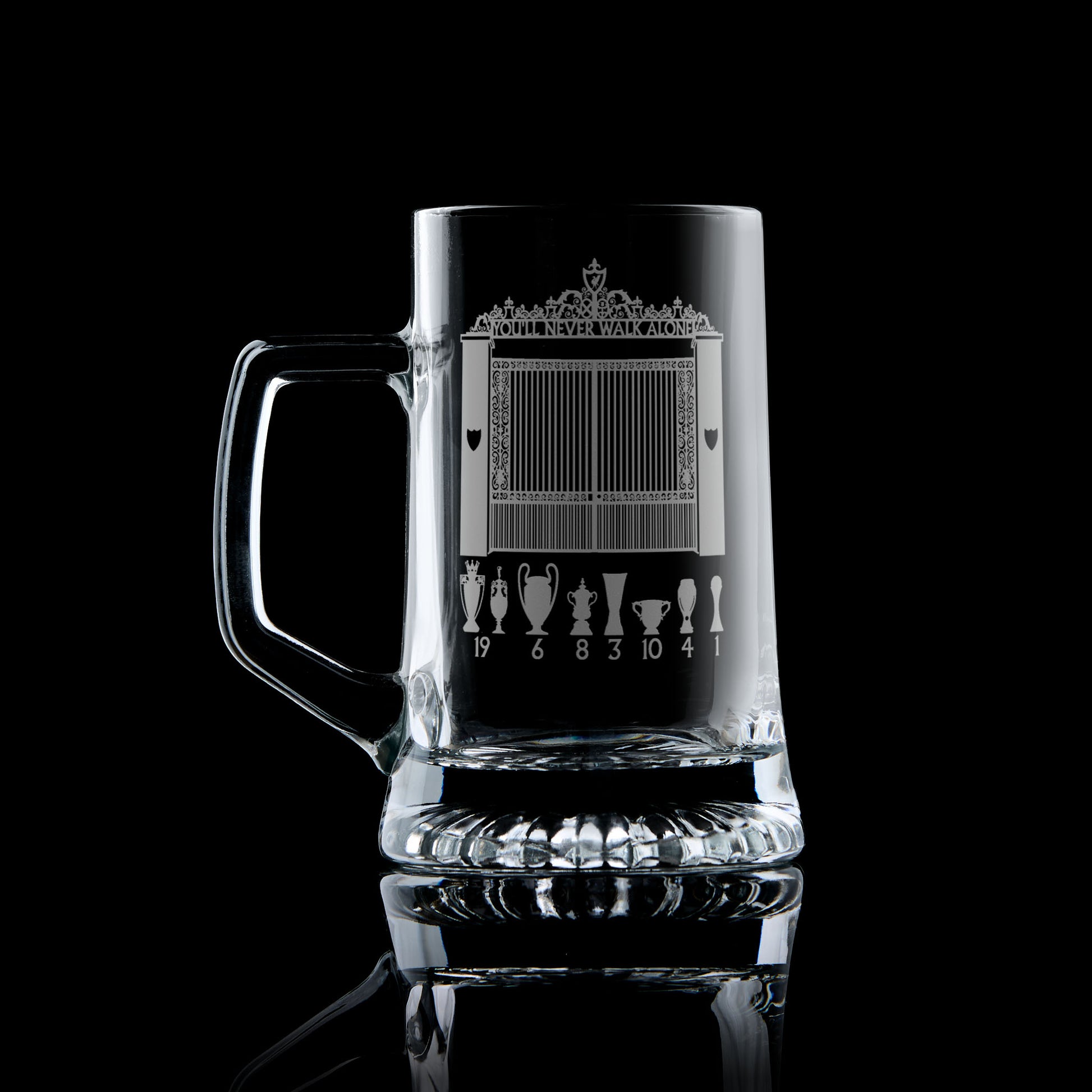 glass tankard engraved with LFC shankly gates and trophies