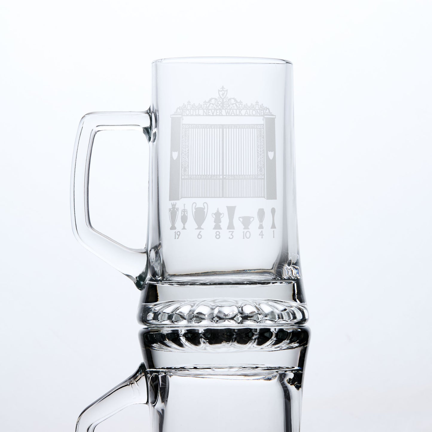 glass tankard engraved with LFC shankly gates and trophies