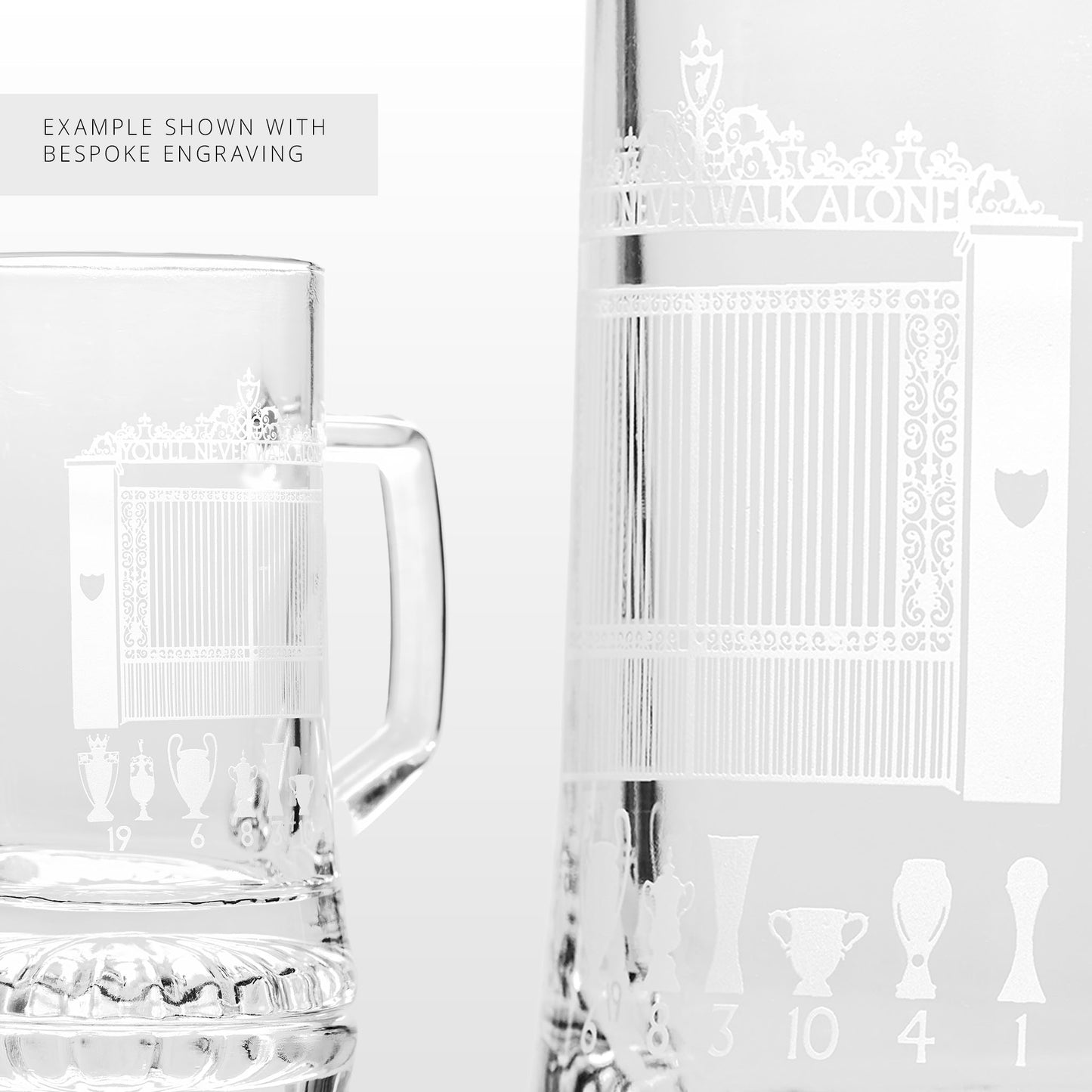 Engraved Liverpool glass tankard featuring a bespoke Shankly Gates and football trophy design. Text shown for demonstration only.