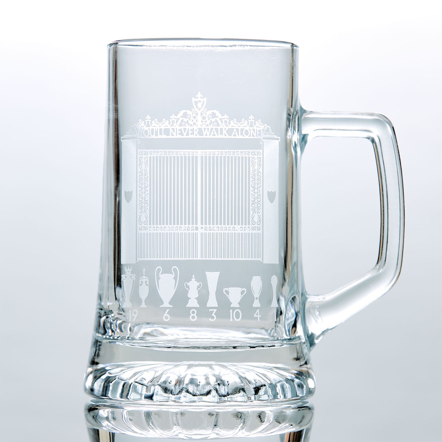 glass tankard engraved with LFC shankly gates and trophies