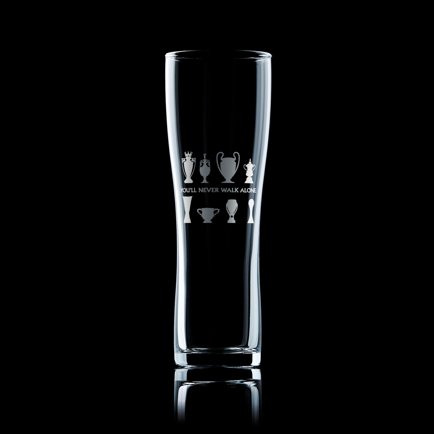 tall pint glass engraved with liverpool football club's walk of champions trophy collection