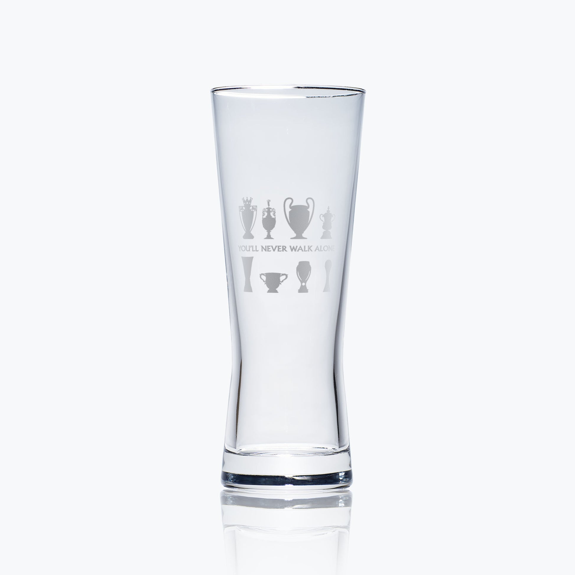 pilsner pint glass engraved with liverpool football club's walk of champions trophy collection