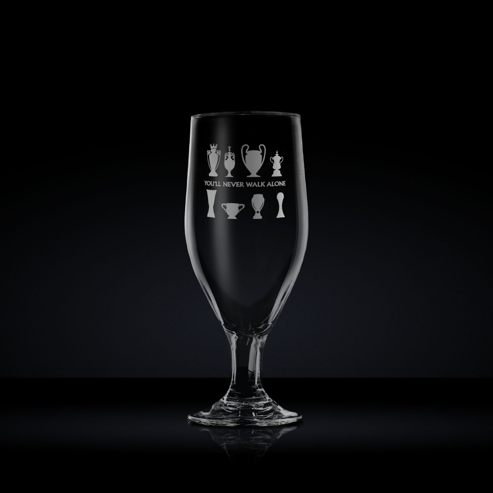 stemmed beer glass engraved with liverpool football club's walk of champions trophy collection