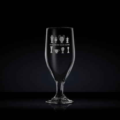 stemmed beer glass engraved with liverpool football club's walk of champions trophy collection