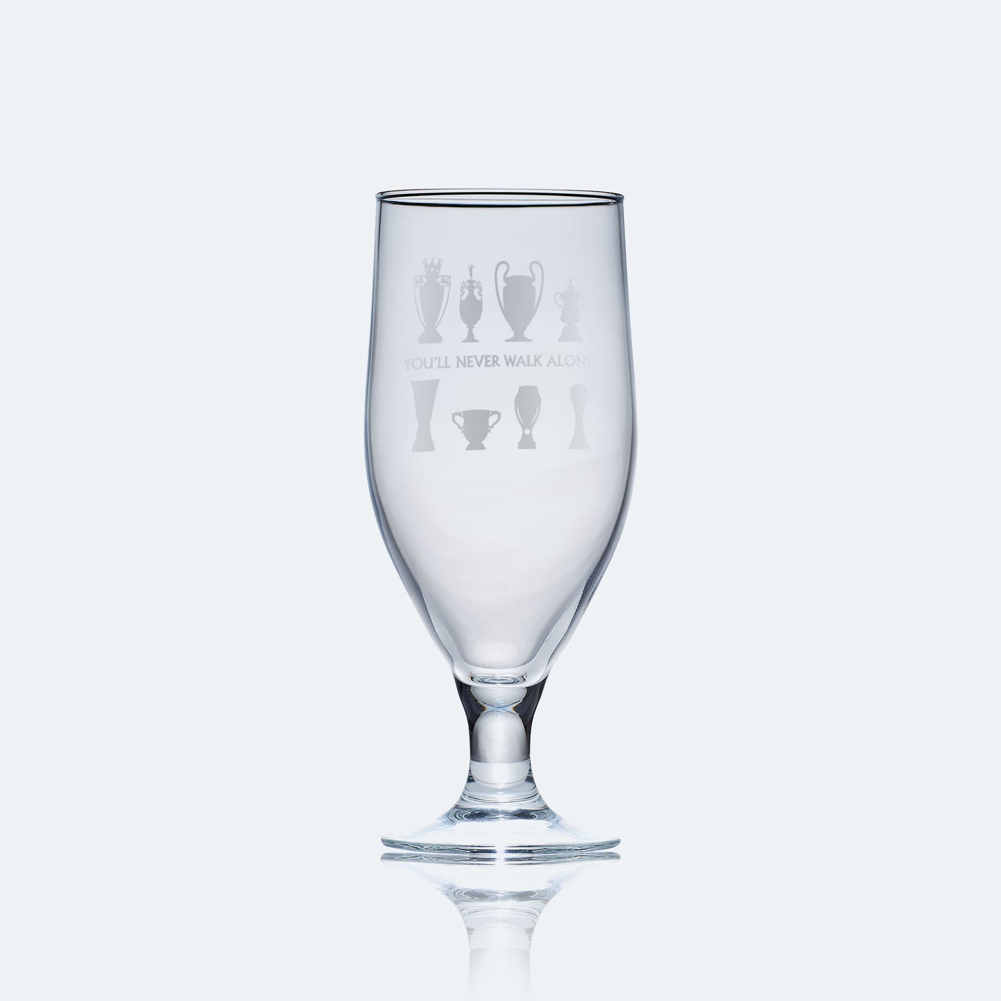 stemmed beer glass engraved with liverpool football club's walk of champions trophy collection