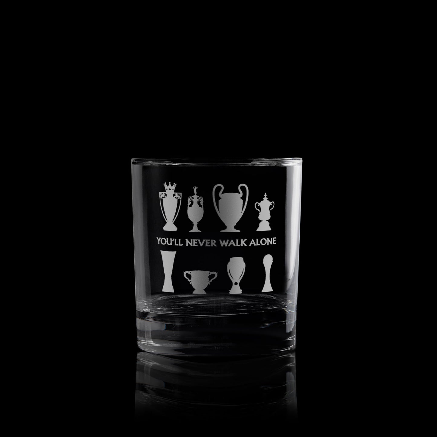 LFC engraved whisky tumbler featuring football trophy design