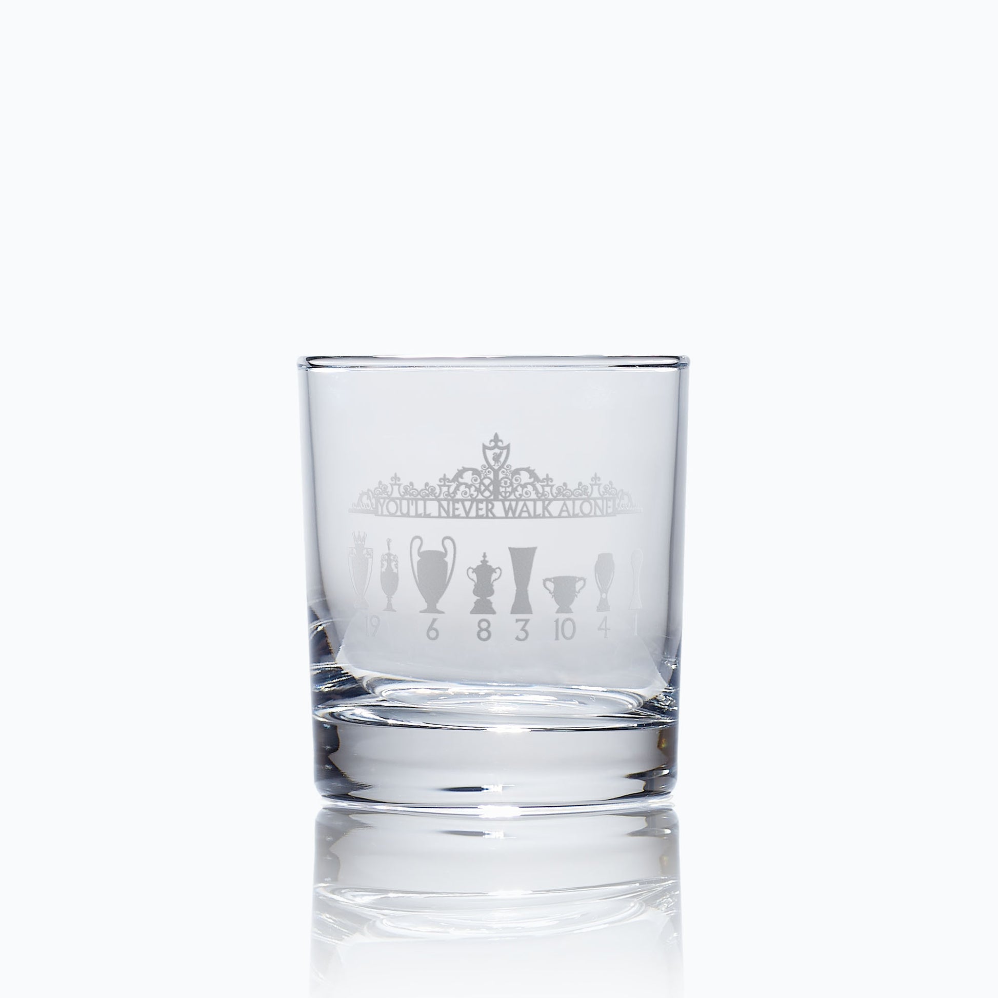 engraved whisky tumbler featuring liverpool's shankly gates and football trophy design