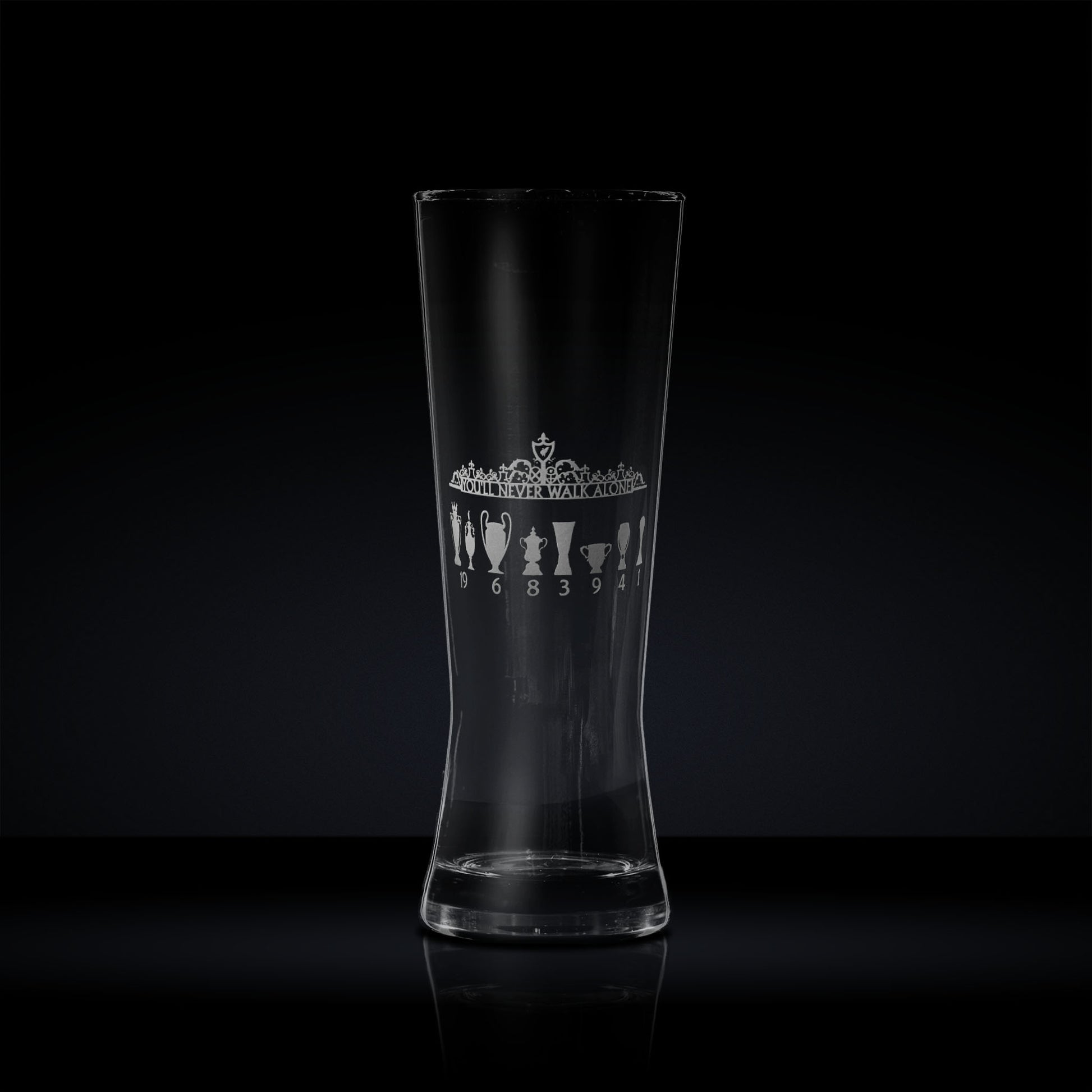 pilsner glass engraved with liverpool football club's shankly gates and walk of champions trophy collection