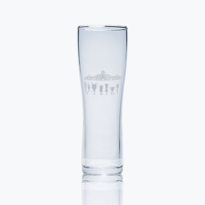 tall pint glass engraved with liverpool football club's shankly gates and walk of champions trophy collection