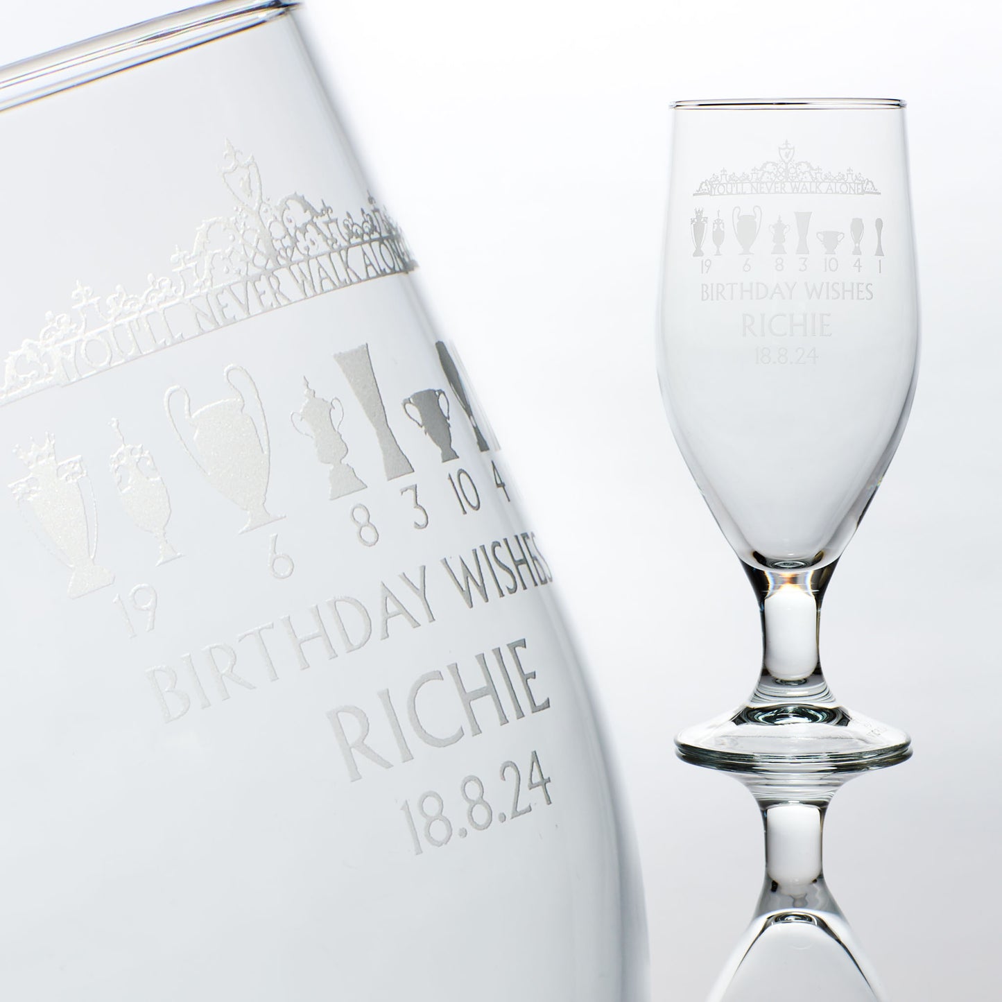 engraved stemmed beer glass etched with liverpools shankly gates and trophy design