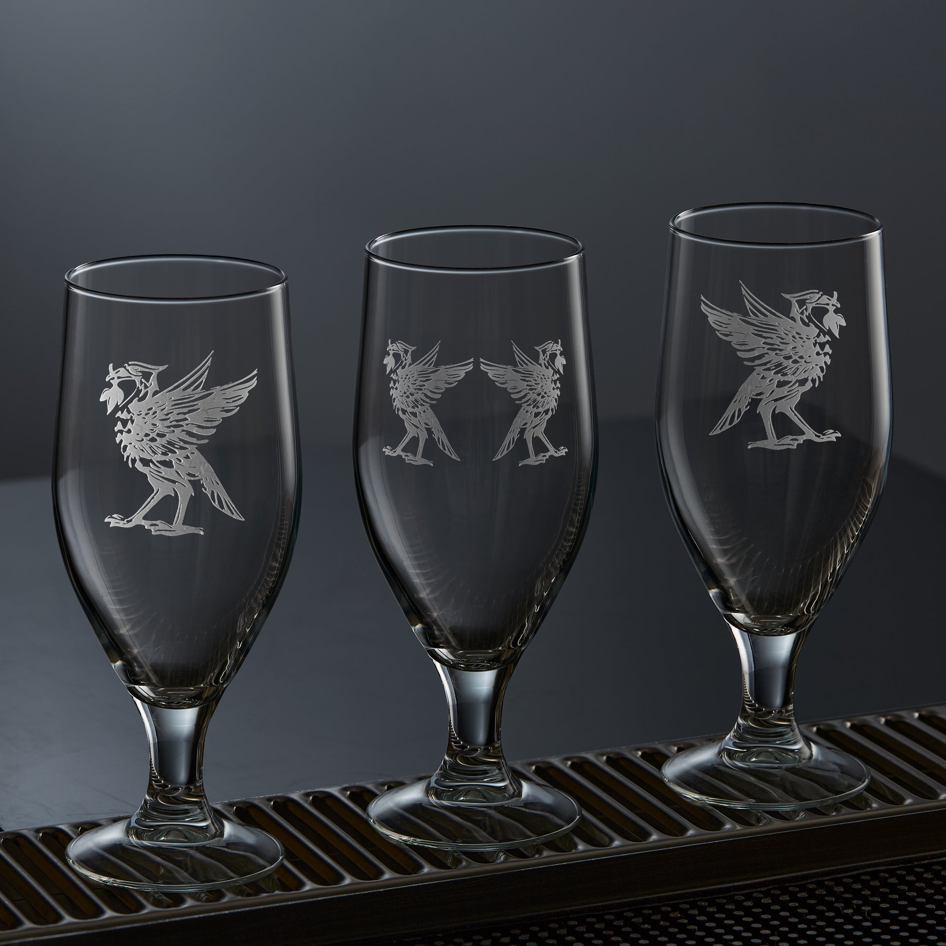 liverpool stemmed beer glasses engraved with liverbirds bella and bertie