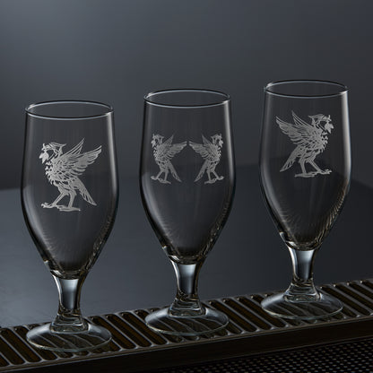 liverpool stemmed beer glasses engraved with liverbirds bella and bertie