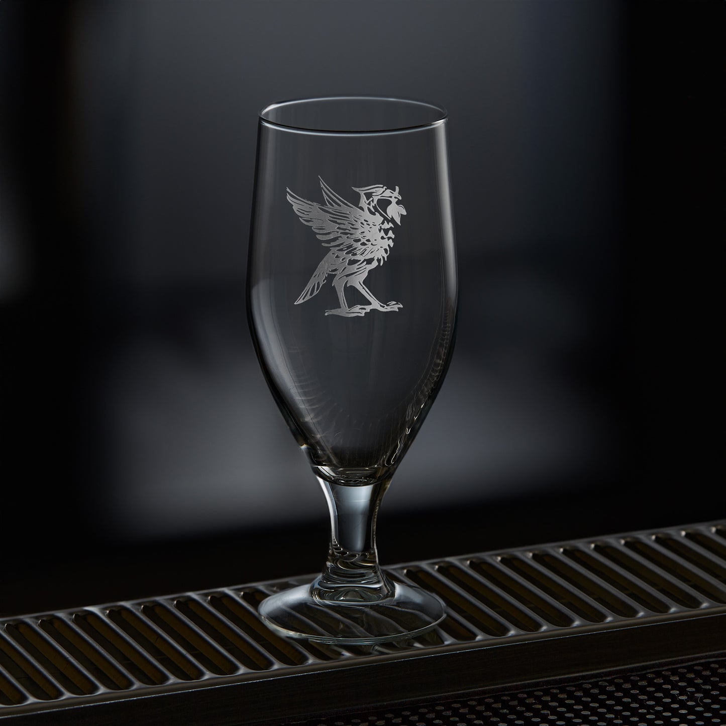 liverpool stemmed beer glasses engraved with liverbird bertie