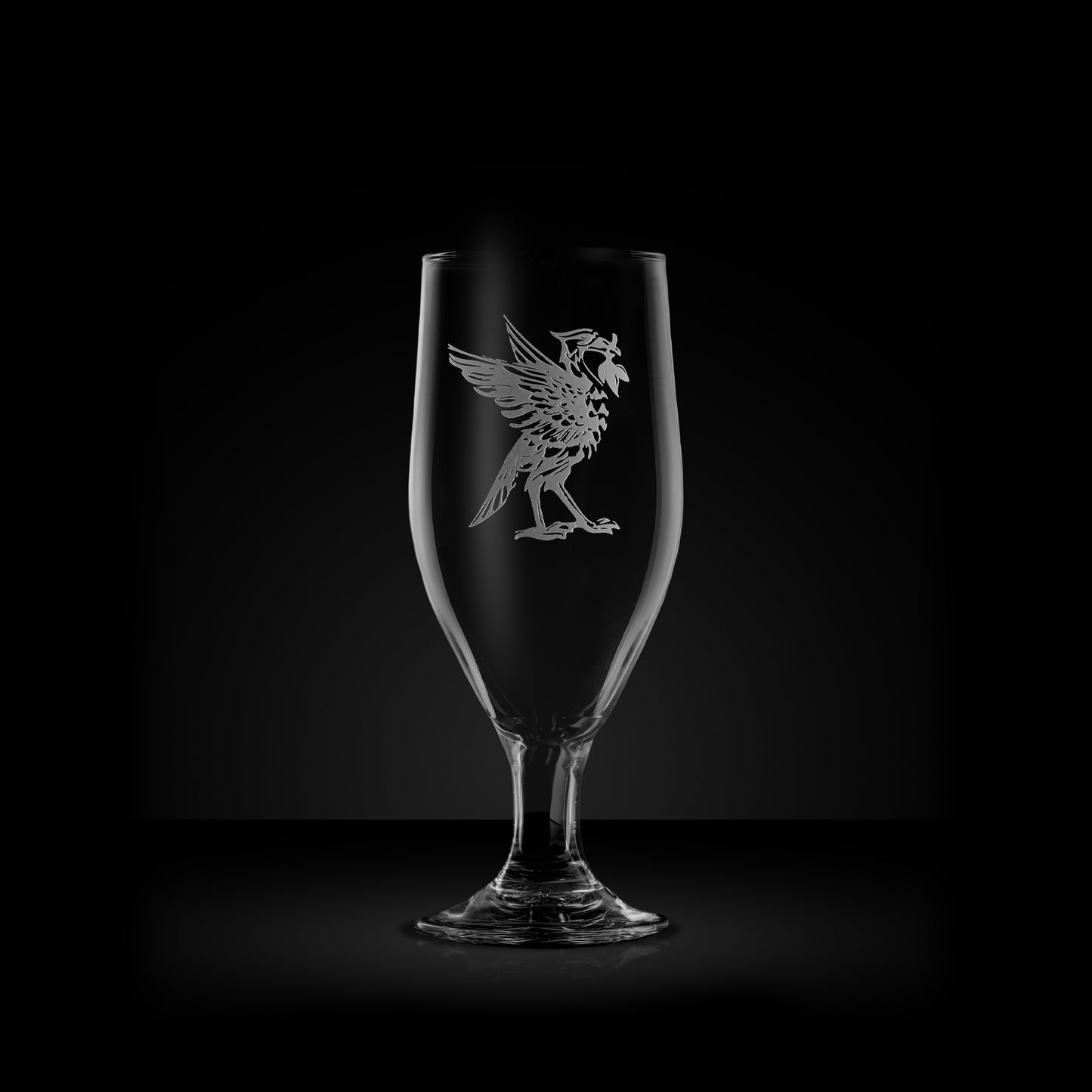 liverpool stemmed beer glasses engraved with liverbird bertie