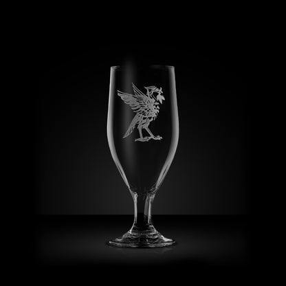 liverpool stemmed beer glasses engraved with liverbird bertie