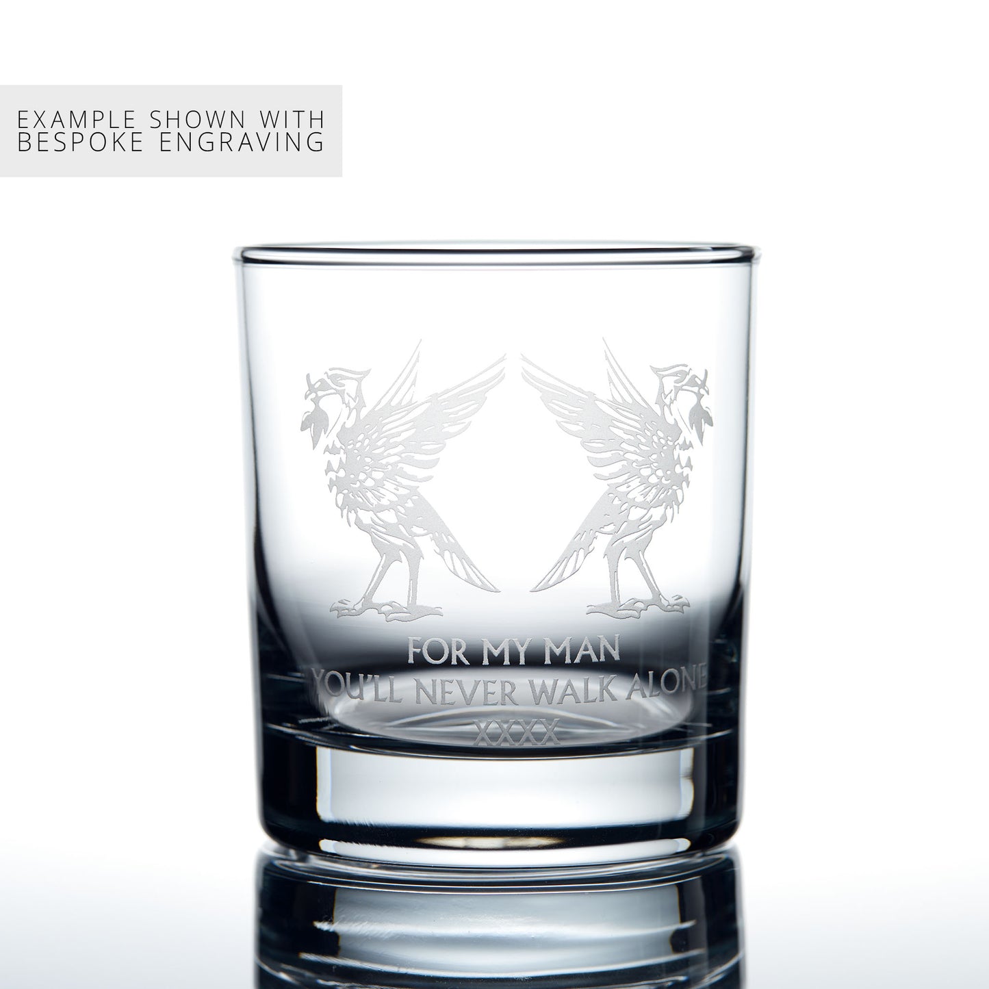 Liverpool whisky tumbler with engraved liverbird design and text on a white background