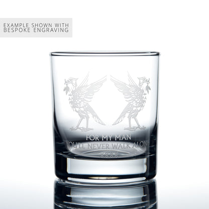 Liverpool whisky tumbler with engraved liverbird design and text on a white background