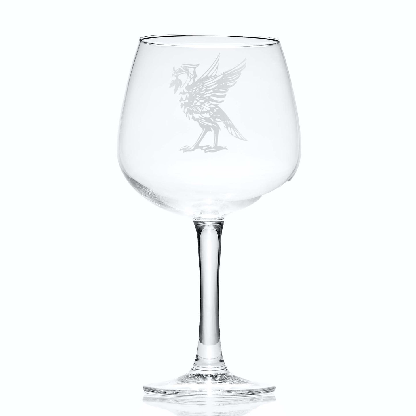Liverpool gin glass with an engraved Liverbird and space for personalisation on a white background
