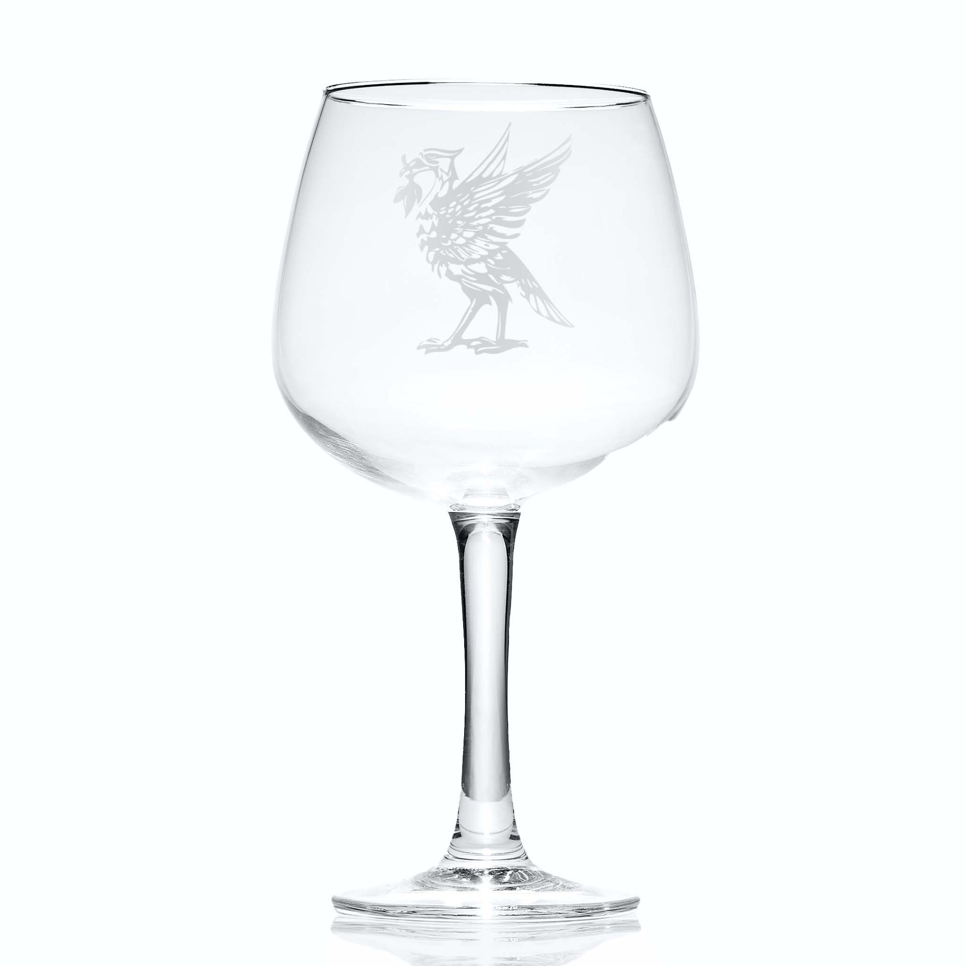 Liverpool gin glass with an engraved Liverbird and space for personalisation on a white background