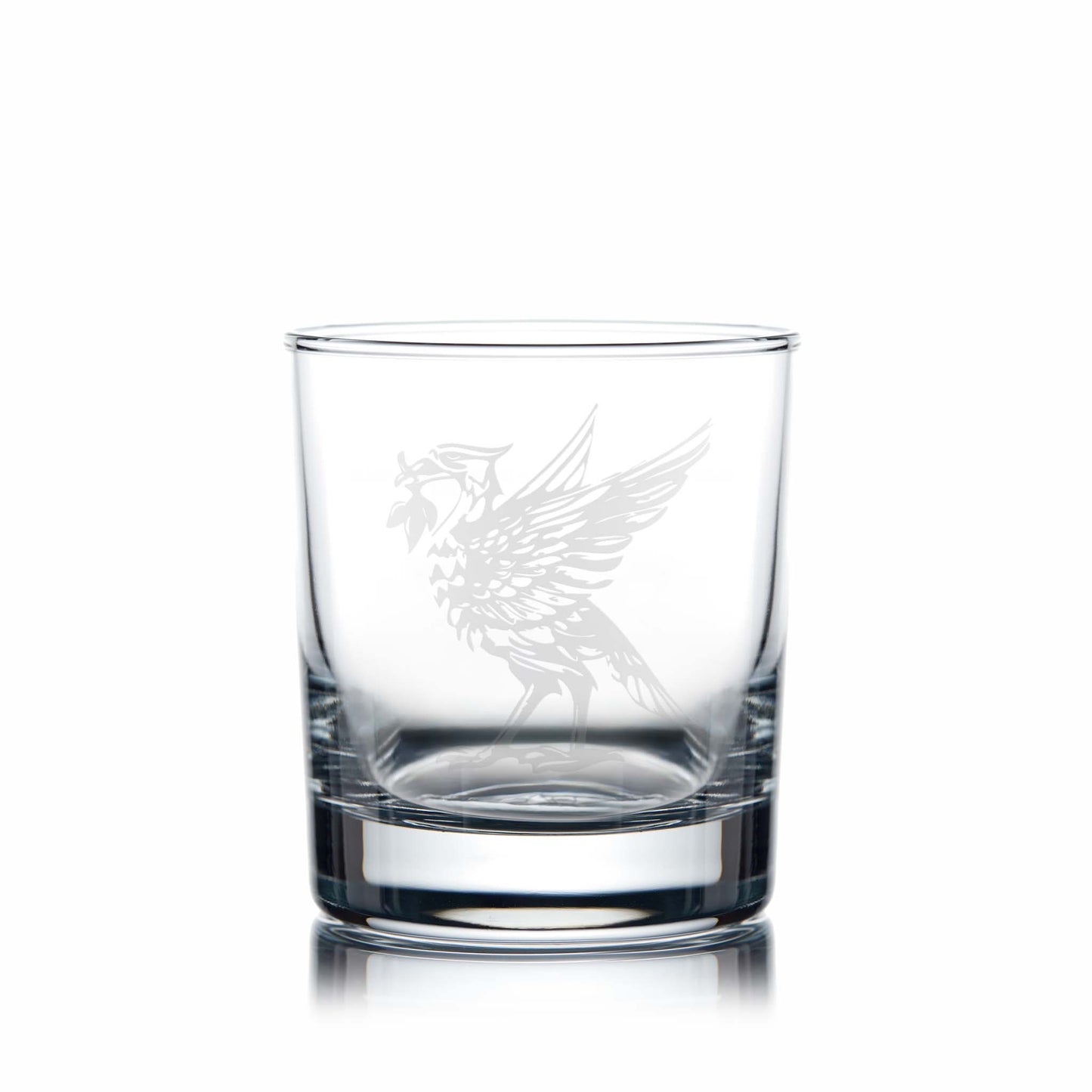 Liverpool whisky glass with engraved liverbird design on a white background