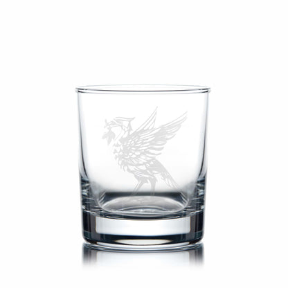 Liverpool whisky glass with engraved liverbird design on a white background