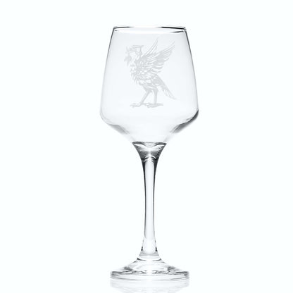 Liverpool wine glass with engraved design on a white background