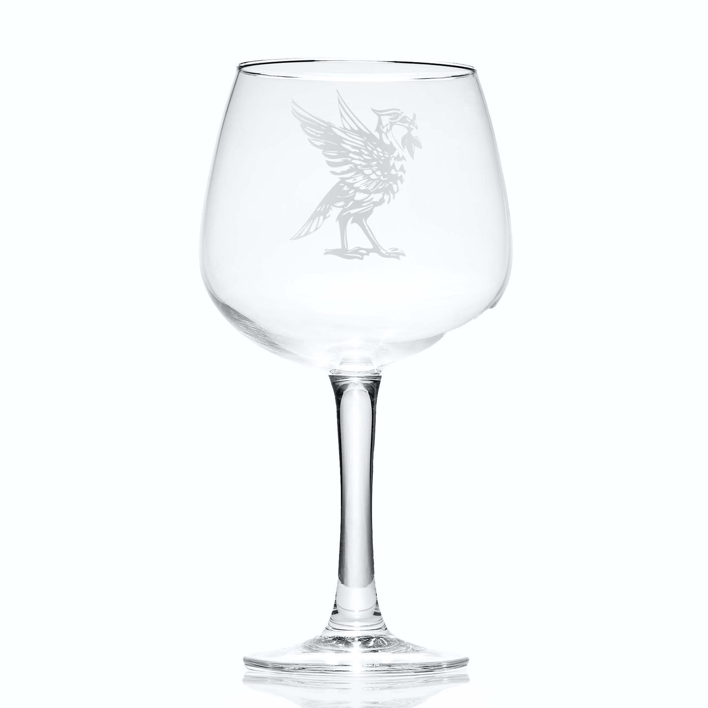 Liverpool Gin glass with engraved Liverbird facing right on a white background