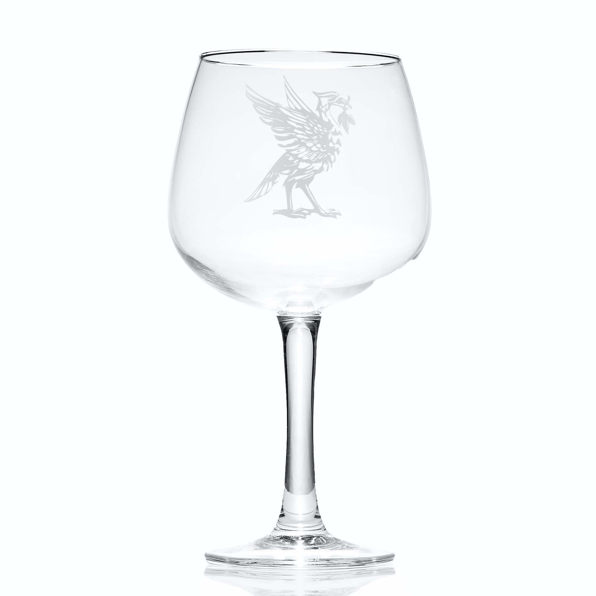 Liverpool Gin glass with engraved Liverbird facing right on a white background
