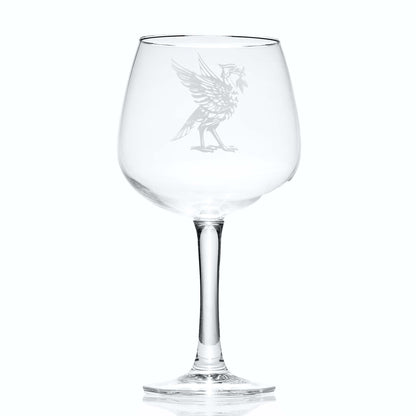 Liverpool Gin glass with engraved Liverbird facing right on a white background