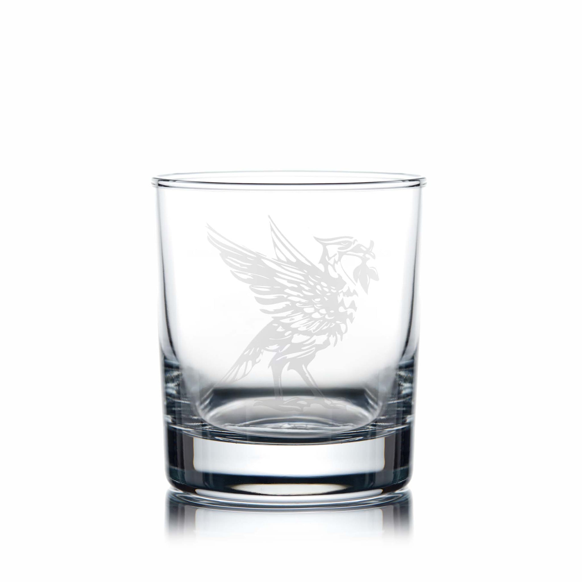 Liverbird whisky glass with engraved personalised design on a white background