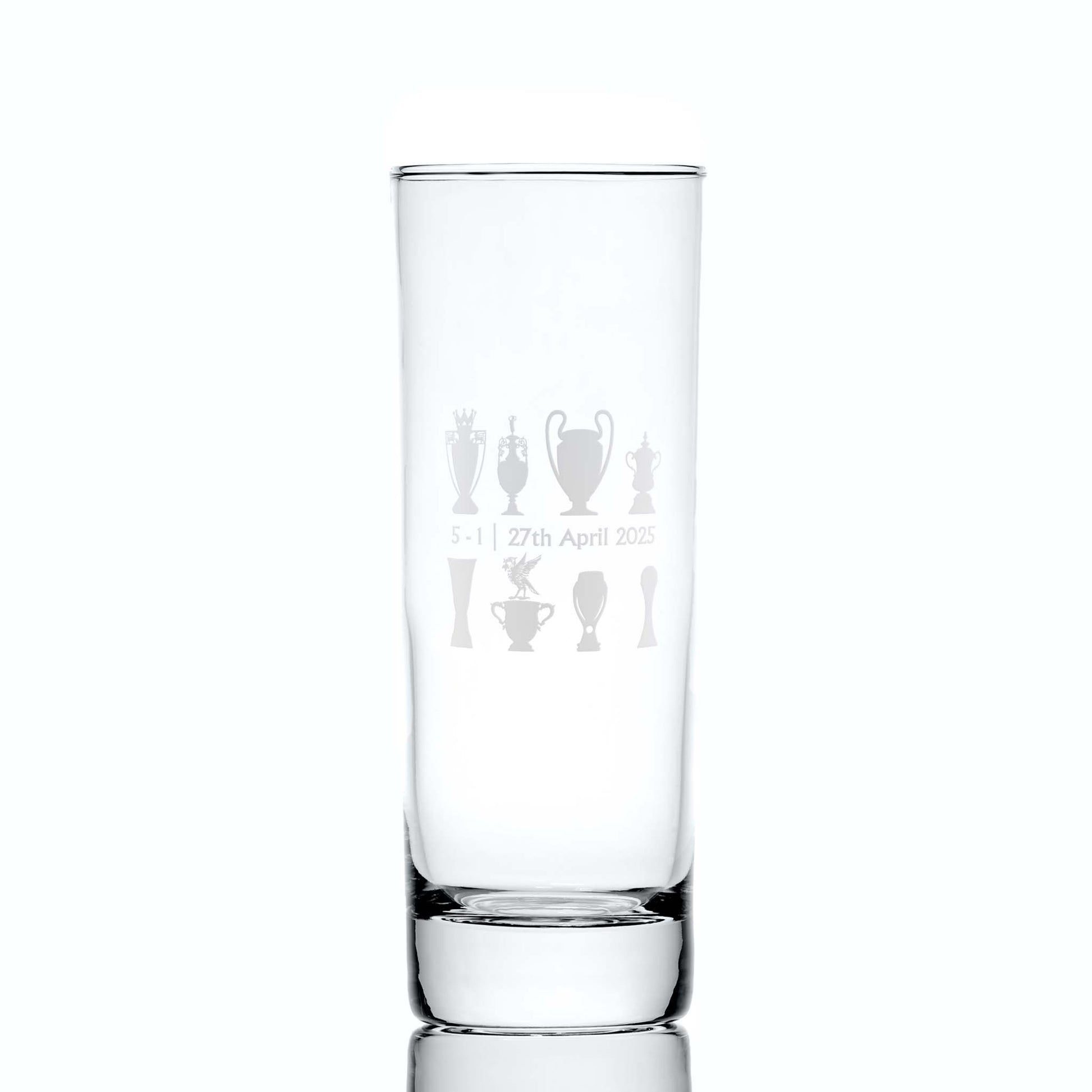 Front-facing engraved highball glass with championship trophy design, match score and Bella the Liverbird, photographed on white background