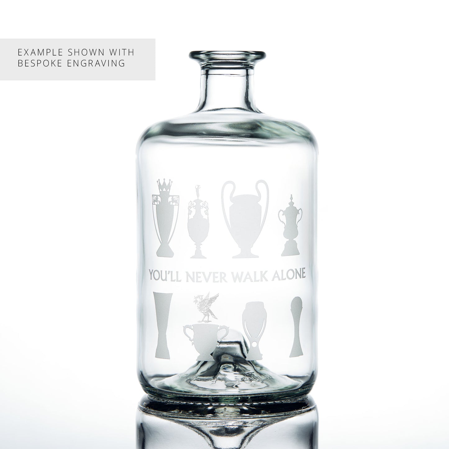 Engraved Liverpool decanter with championship football trophies and Liverbird design