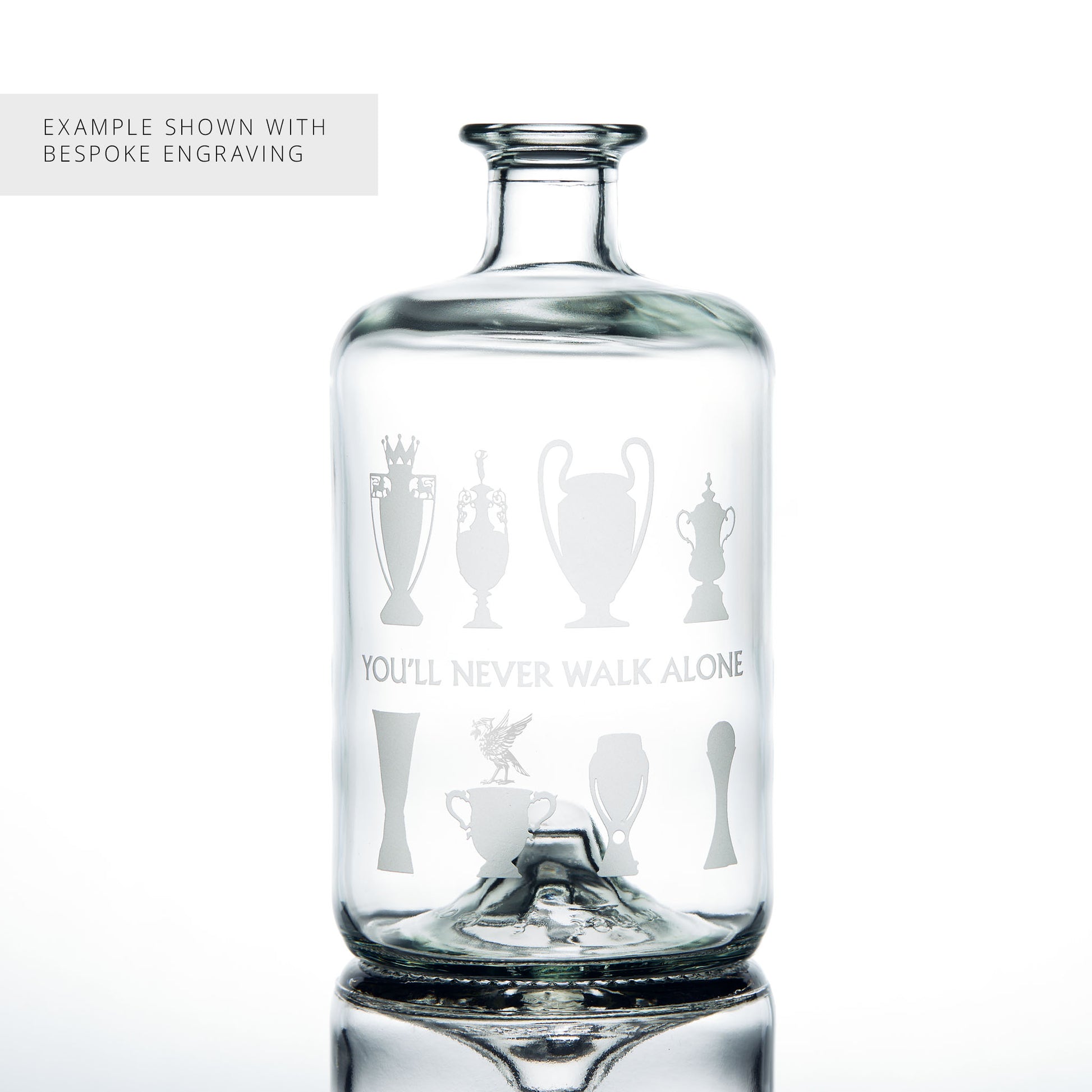 Engraved Liverpool decanter with championship football trophies and Liverbird design