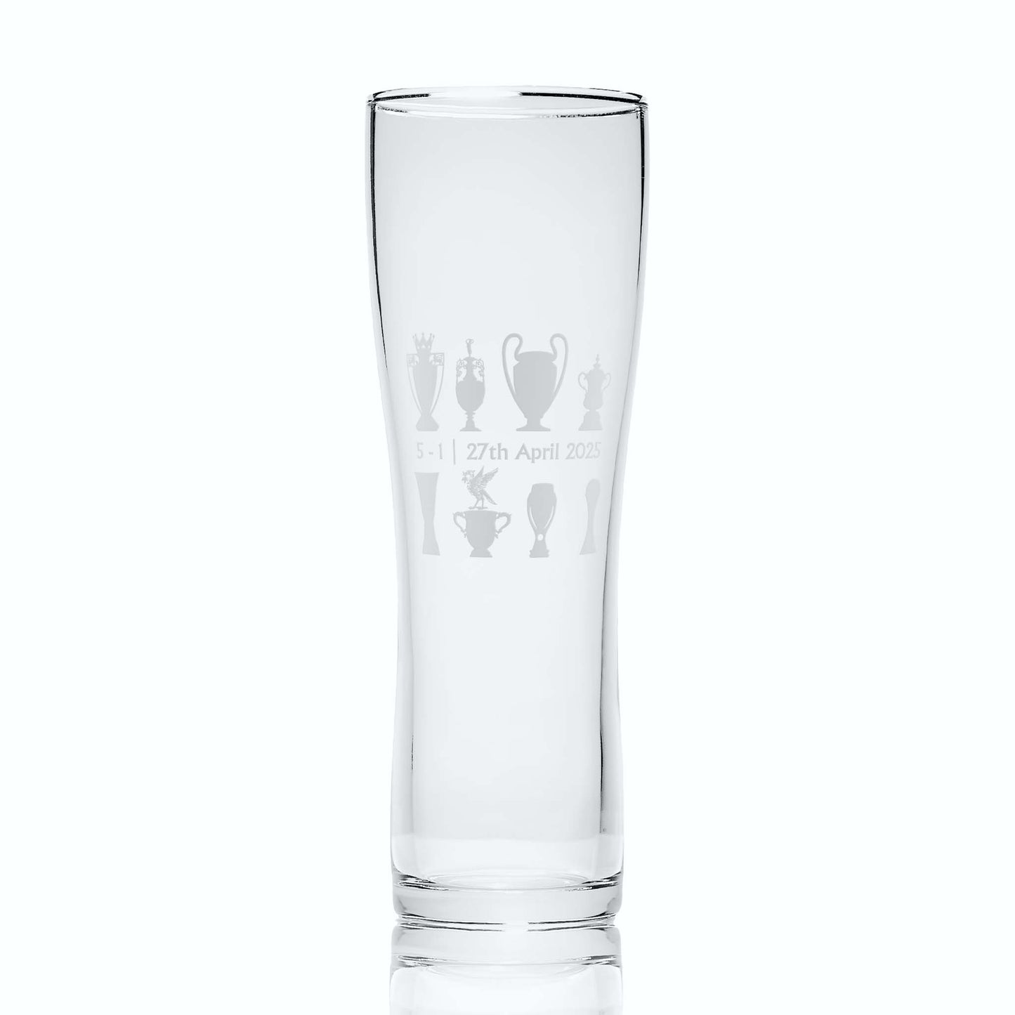 Engraved pint glass with trophy line-up and Liver Bird design, with optional personalisation shown: score and date above,