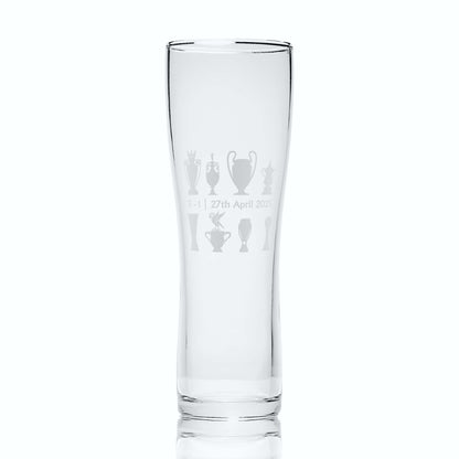 Engraved pint glass with trophy line-up and Liver Bird design, with optional personalisation shown: score and date above,