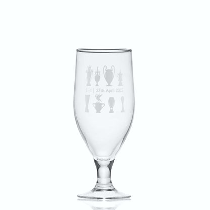 Small chalice-style beer glass shown with match score, date, the liverbird and championship trophies