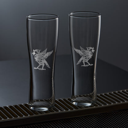 two tall pint glasses engraved with liverpool's liverbirds bella and bertie