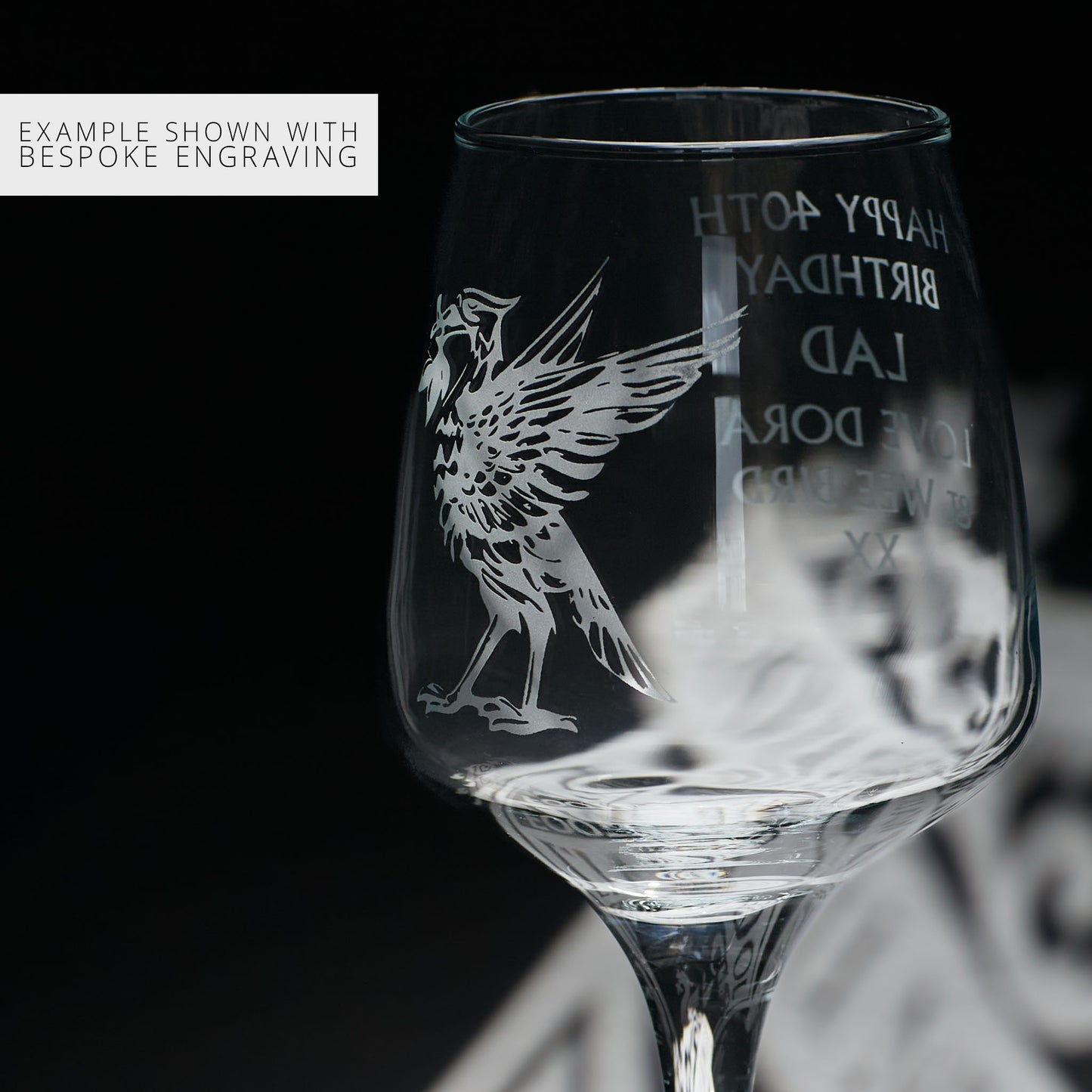Personalised 40th birthday wine glass with engraved liverbird design