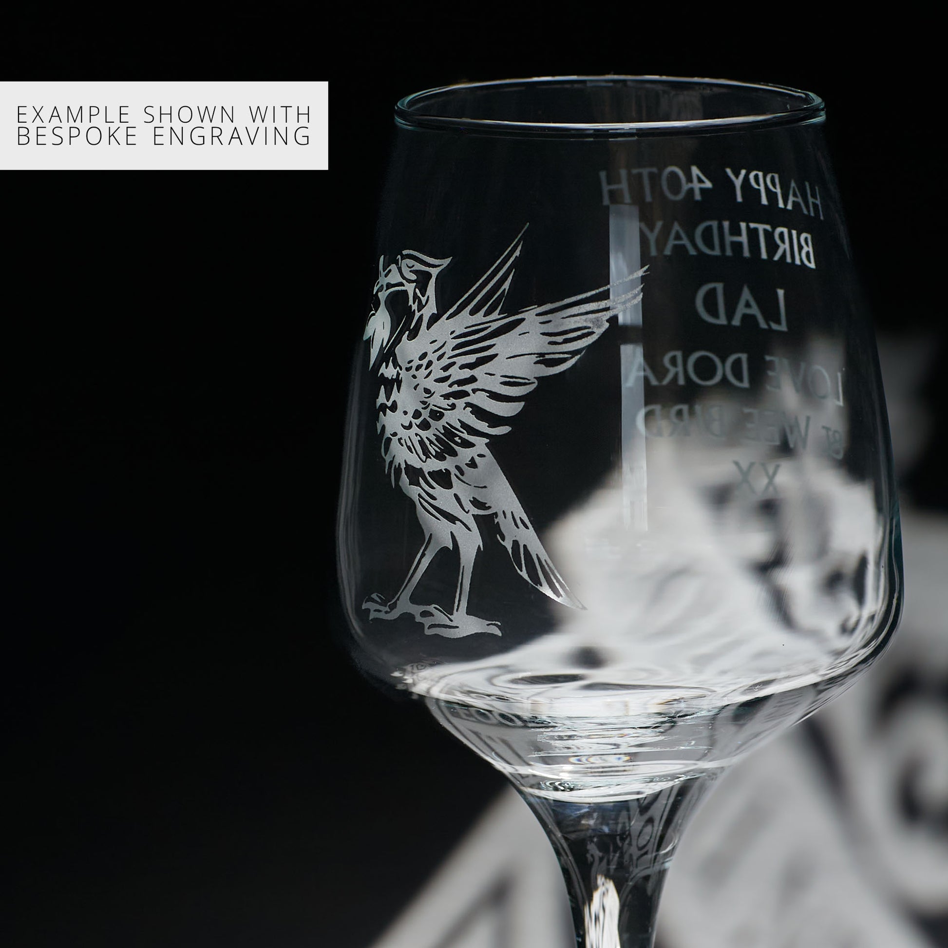 Personalised 40th birthday wine glass with engraved liverbird design