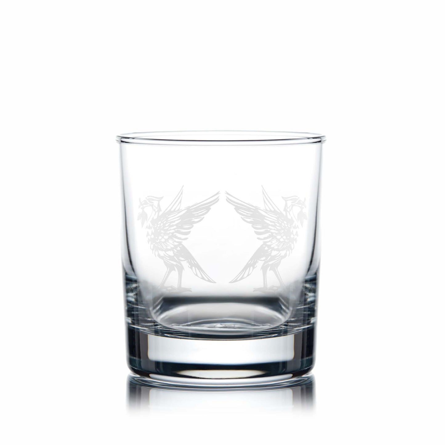 Liverpool's two liverbirds, Bella & Bertie engraved onto a whisky glass
