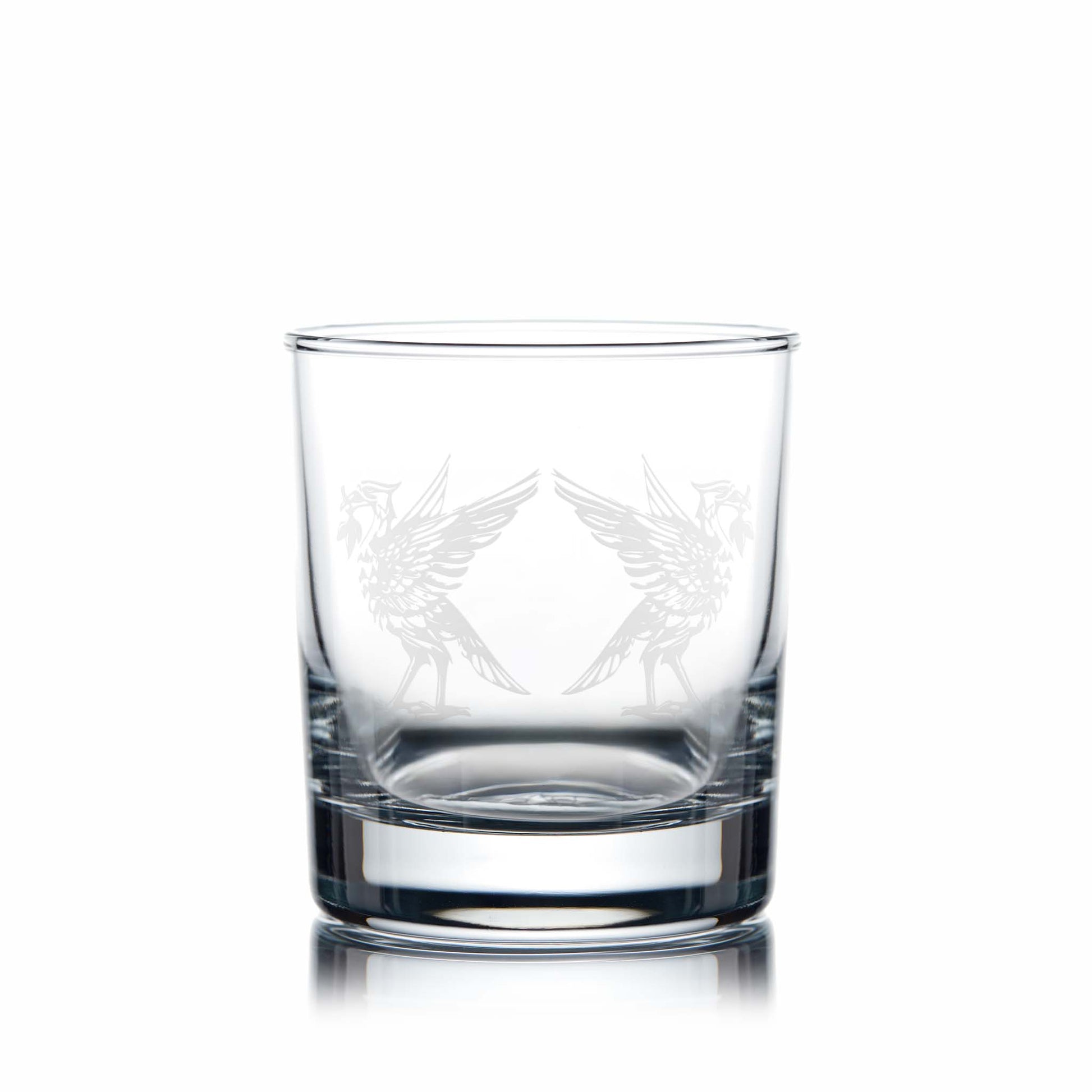 Liverpool's two liverbirds, Bella & Bertie engraved onto a whisky glass